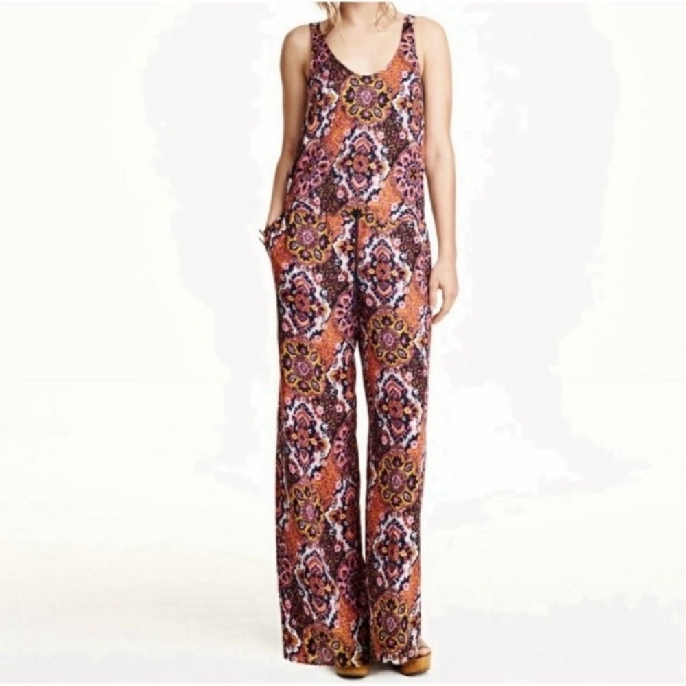 H&M Orange Boho Paisley Print Pink Multicolor Wide Leg Pants Jumpsuit Size 4
